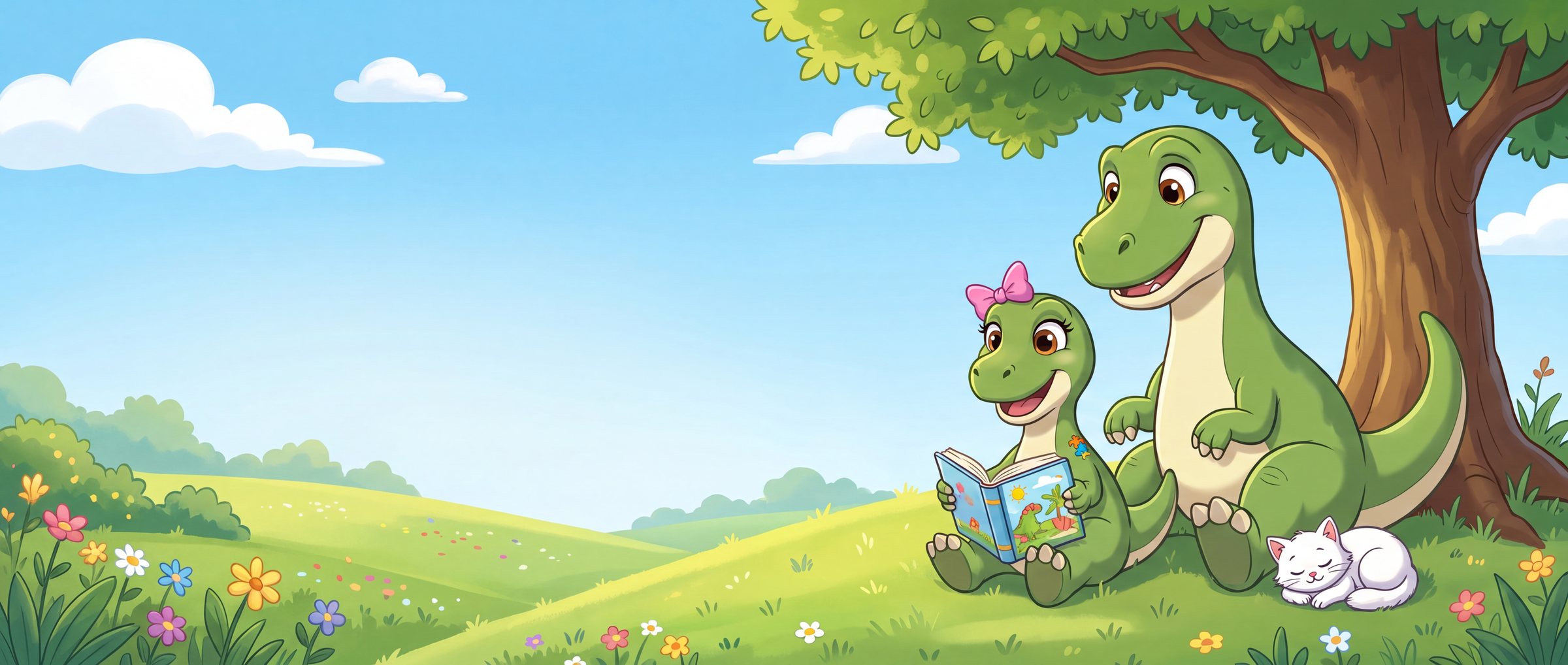 Isabelsaurus reading a book with her dad under a tree